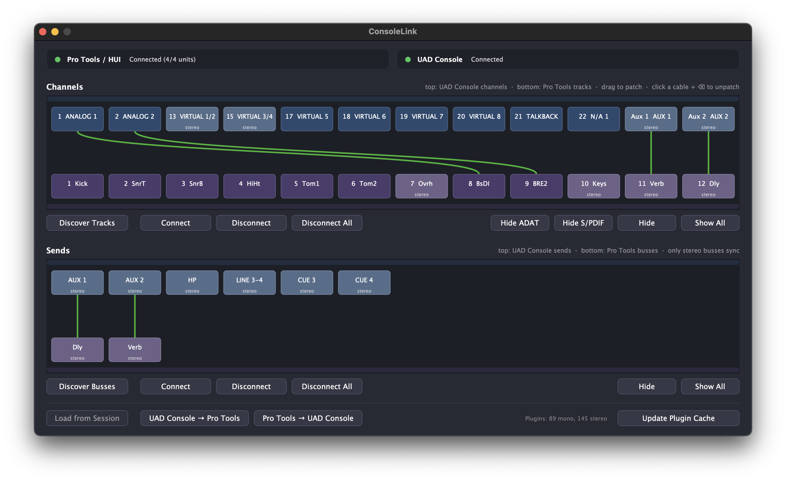 The ConsoleLink window: UAD Console channels and sends patched to Pro Tools tracks and busses